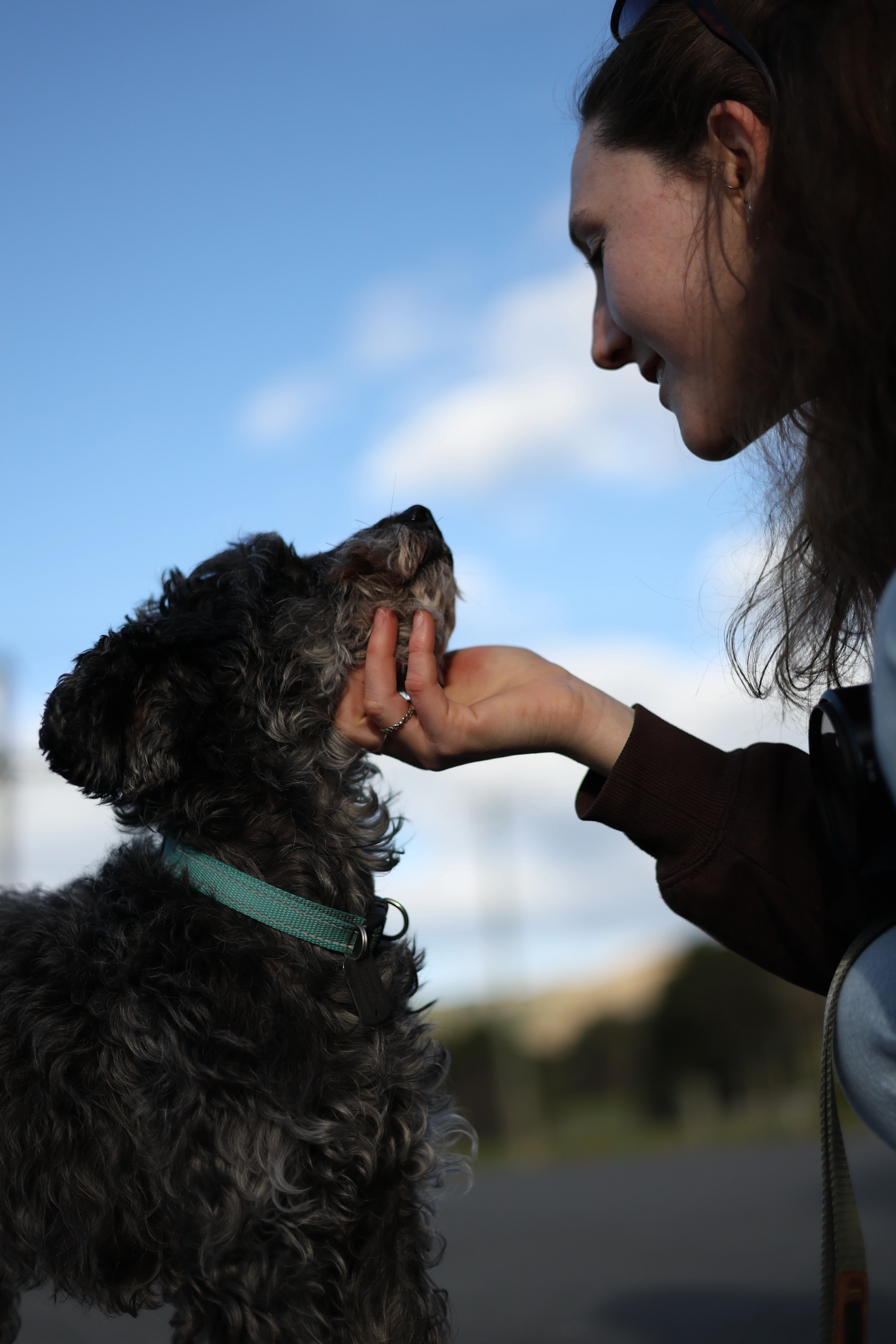 Caitlin gently touches noses with Jasper beneath a clear blue sky