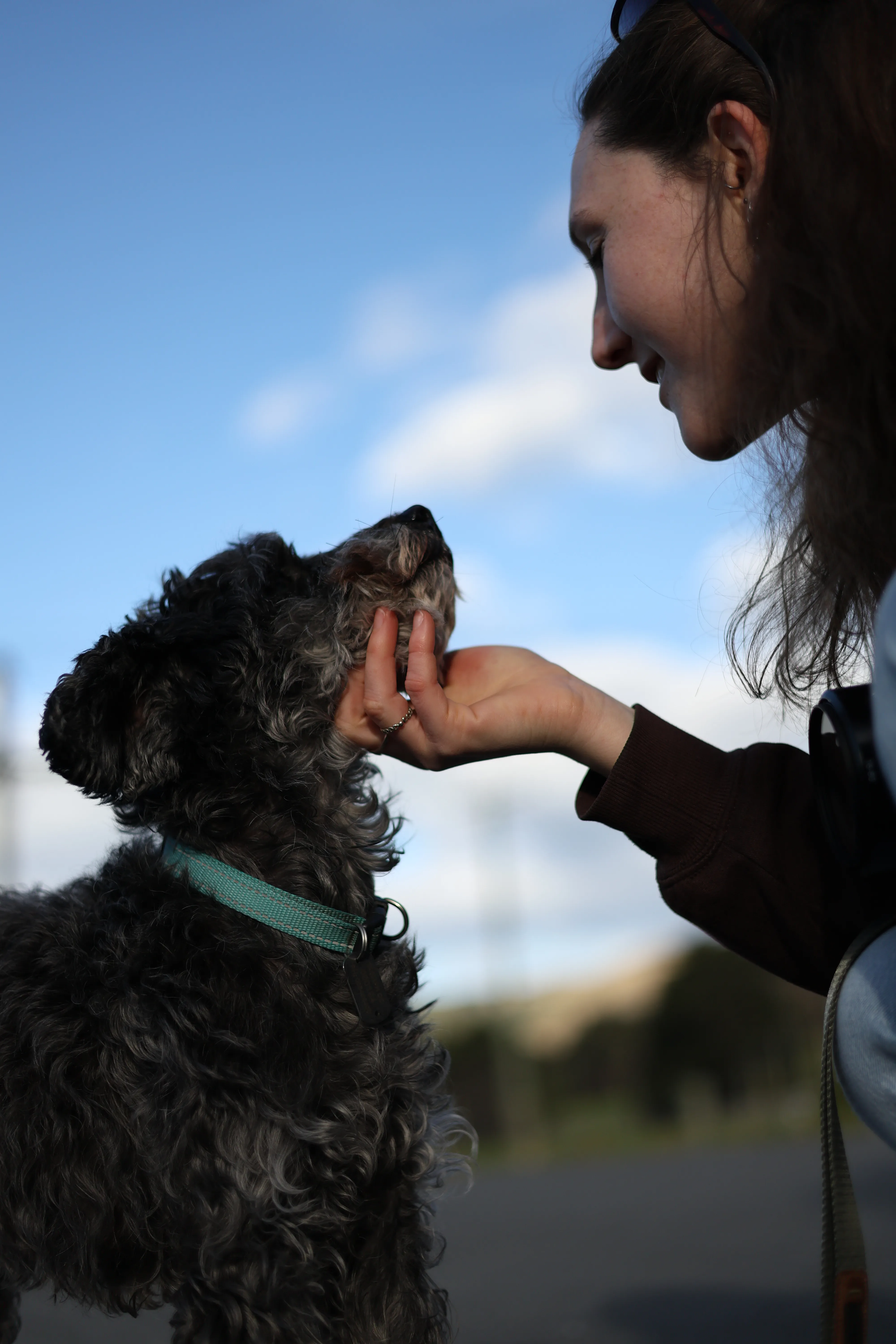 Caitlin gently touches noses with Jasper beneath a clear blue sky