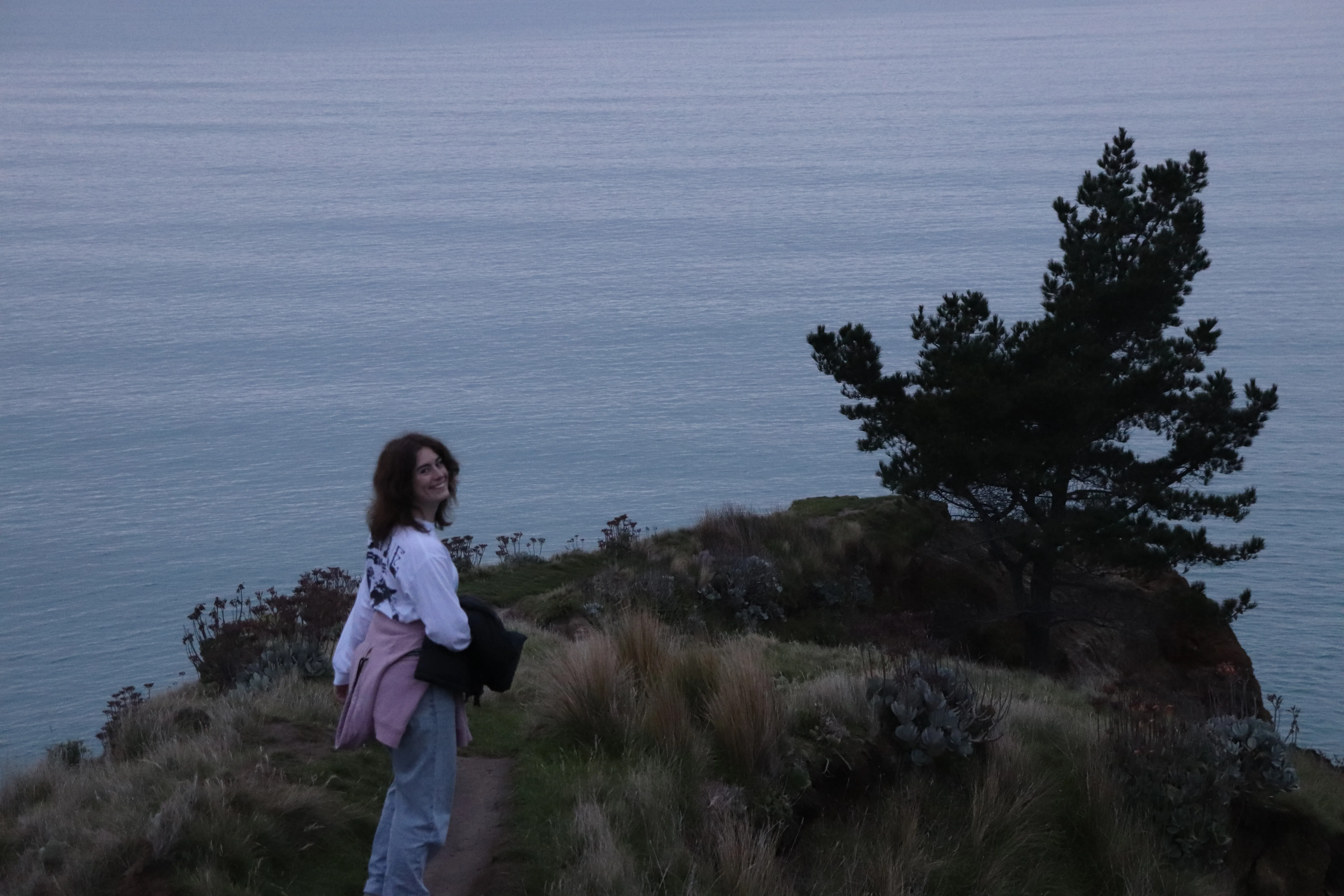 A smiling woman stands on a coastal track between the sea and a windswept tree