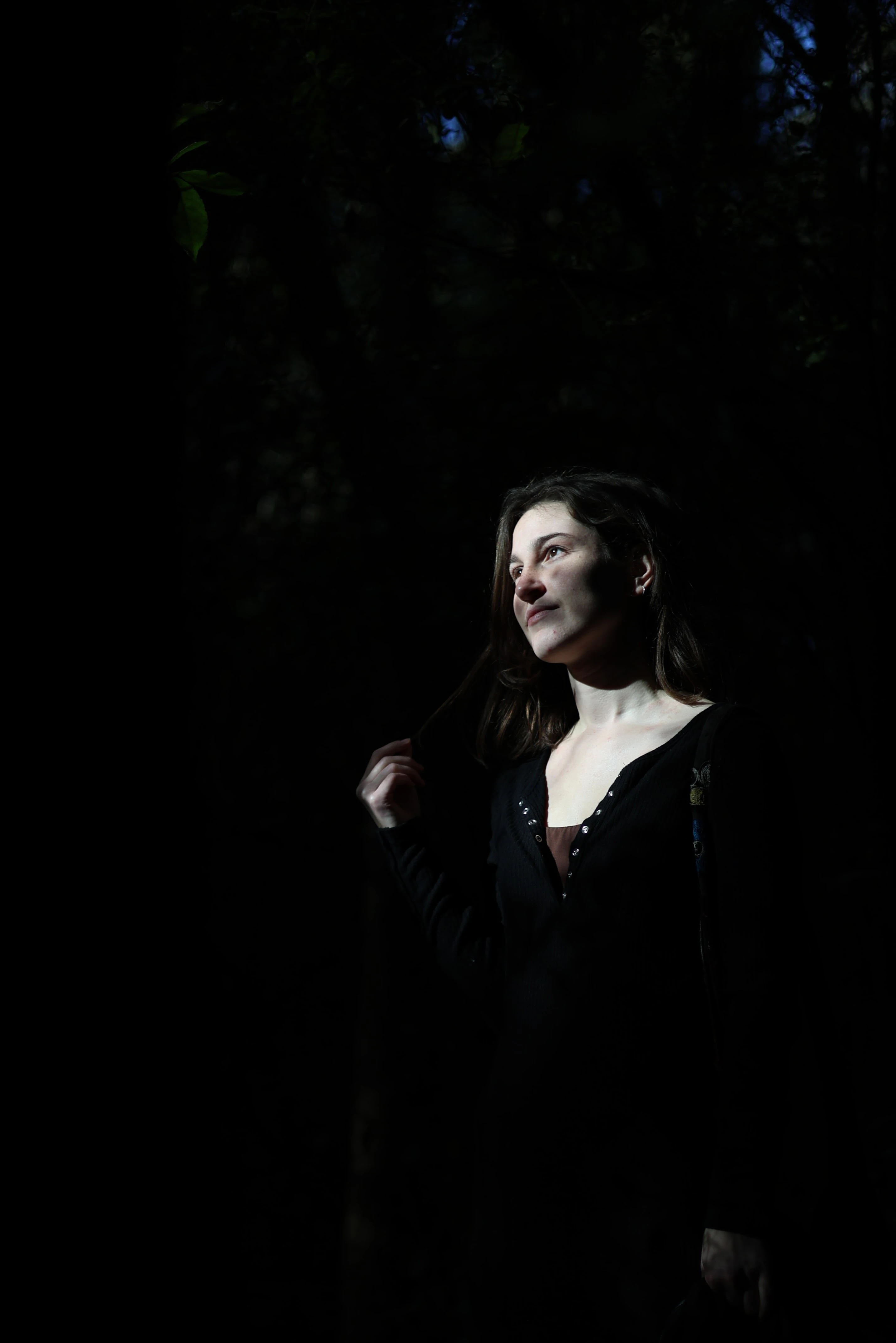 A narrow shaft of forest sunlight illuminates Norma’s face against the surrounding shadows